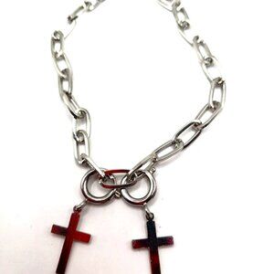 Silvertone + Double Silvertone Cross Paper Clip Bracelet 9 Inches